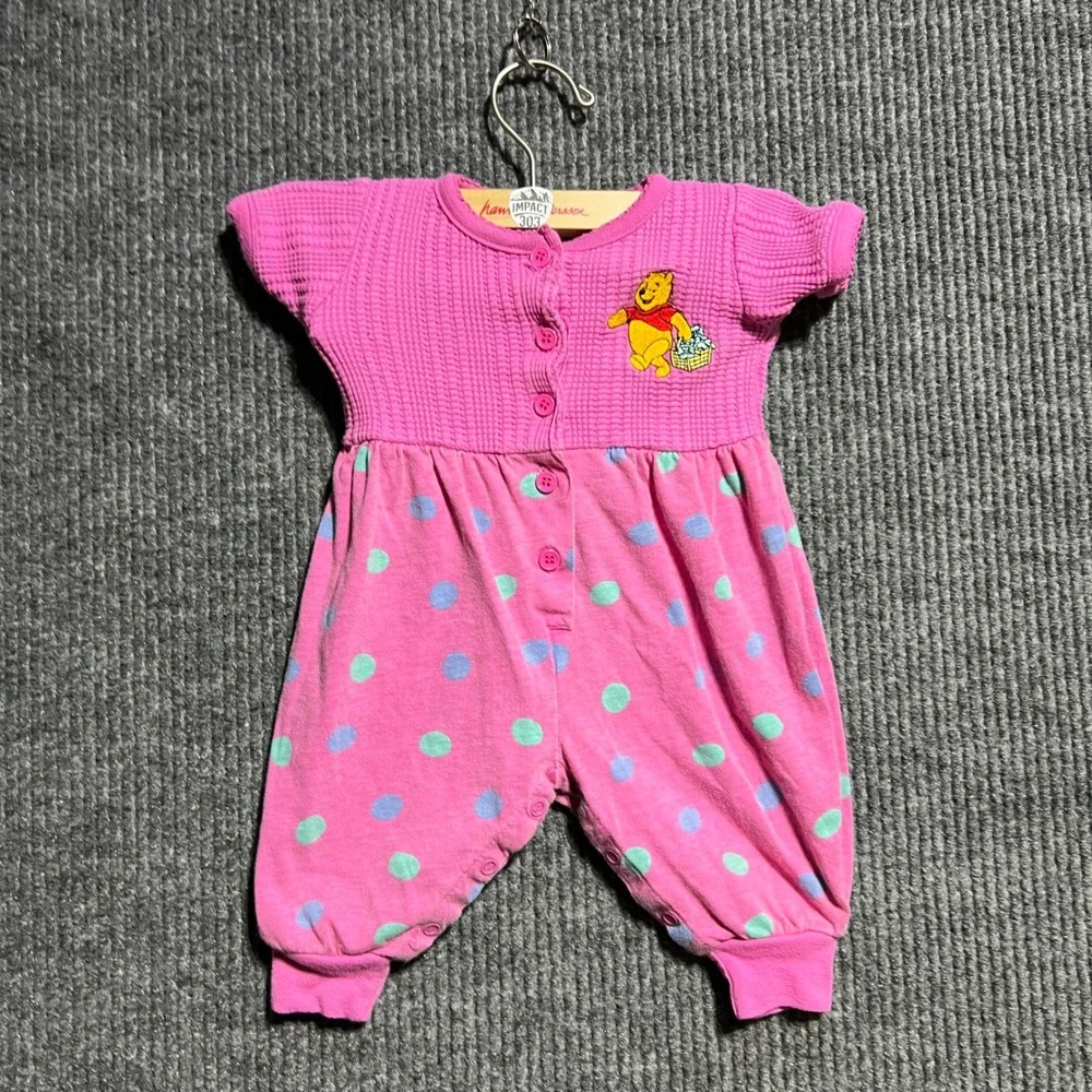 Vintage Winnie The Pooh Romper Kids 9M Pink Polka Dot Waffle Knit Embroidered